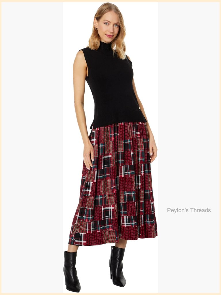 Cotton Blend Patchwork Plaid Sleeveless Sweaterdress Midi A-Line Pullover